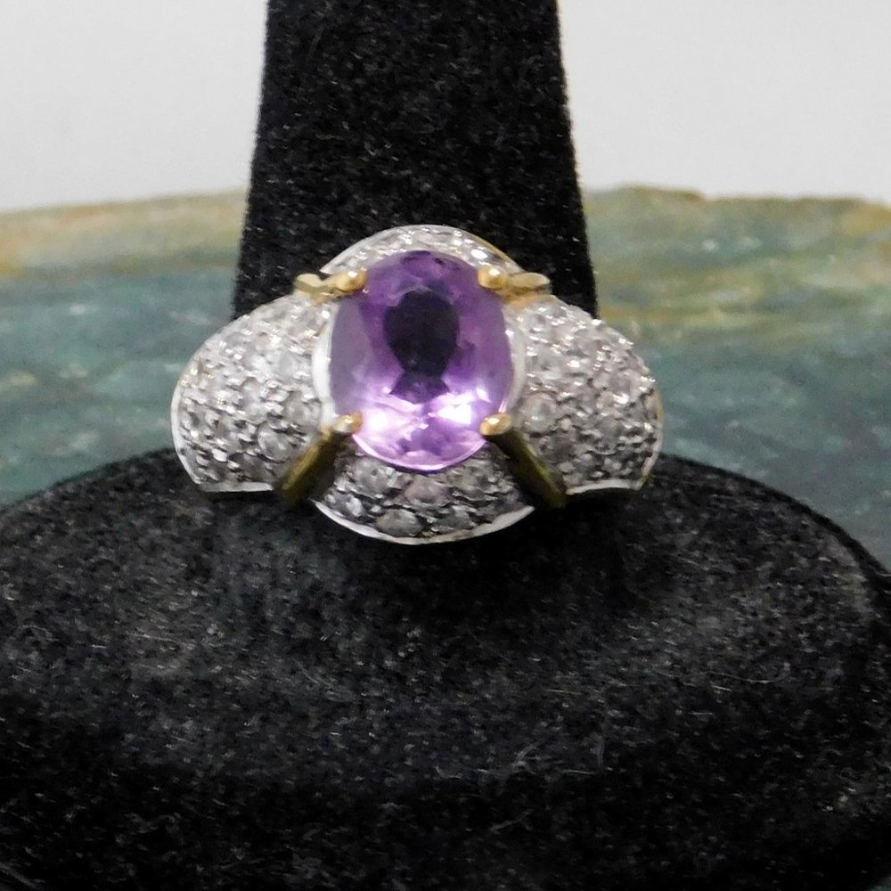 Vintage Pave Statement Ring Sterling Silver Purple Clear Crystal Size 8